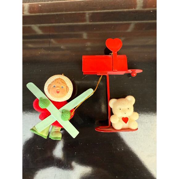 Vintage Flocked Christmas Tree Ornaments Bear at Mailbox and Girl Skiing 1970s - Picture 1 of 2